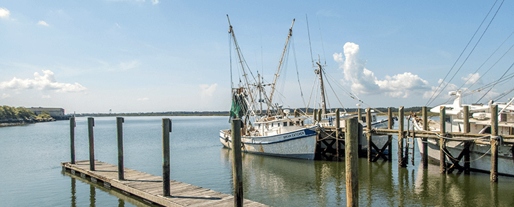 Boat docked in the bay on Ladys Island SC